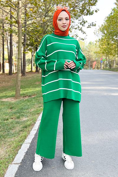 Tesettür Dünyası Striped Knitwear Suit Tsd220905 Green