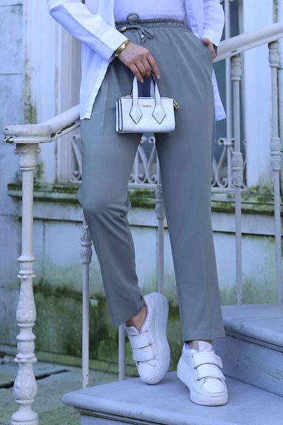 Tesettür Dünyası Pantaloni creion cu buzunare cu talie elastică TSD240104 Gri