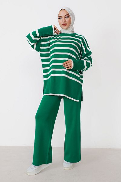 Tesettür Dünyası Stripe Detailed Knitwear Suit TSD230909 Green