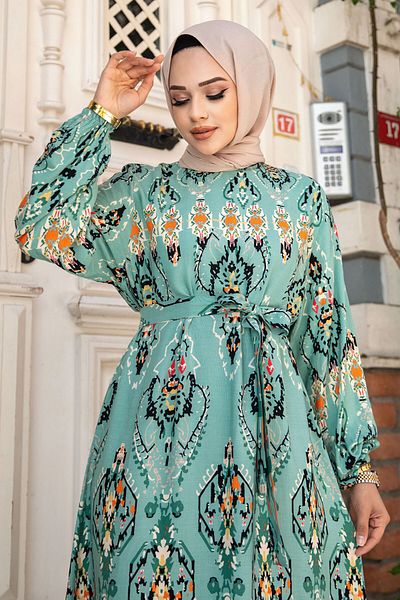 Tesettür Dünyası Mint Green Viscose Dress - Ethnic Pattern and Belted Waist Tsd 240505