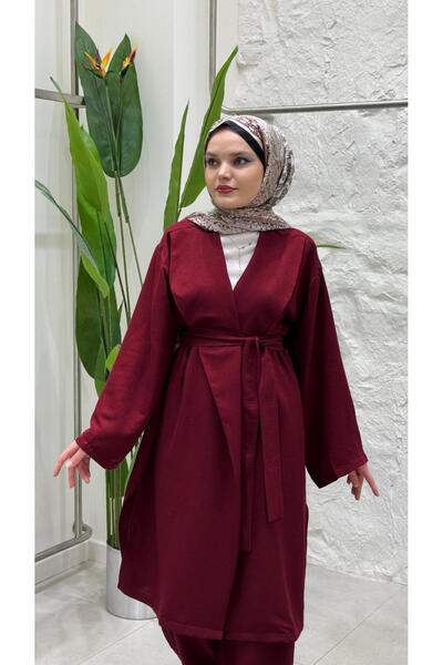Genel Markalar Kadın Tesettür Kimono Pantolon Takım – Ceket Yaka Kuşaklı Yazl...