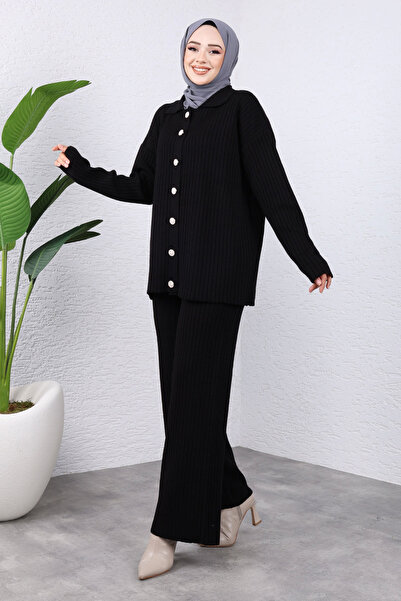 Tesettür Dünyası Black Knitwear Set - Front Buttoned Tsd 240936