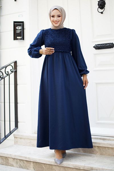 Tesettür Dünyası Μπλε φόρεμα Hijab - Δαντέλα με λεπτομέρειες, TSD 240519