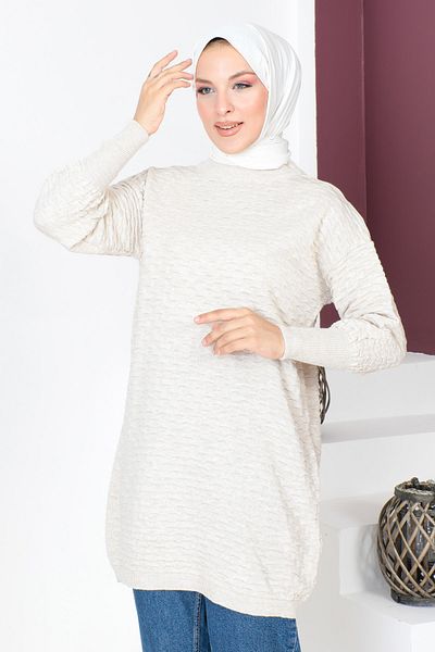 Tesettür Dünyası Embossed Patterned Knitwear Tunic TSD230713 Beige