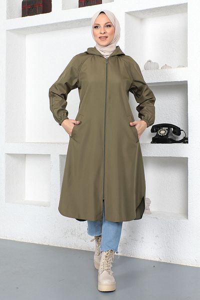 Tesettür Dünyası Zippered Trench Coat Tsd230403 Khaki