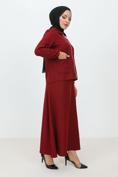 Tesettür Dünyası Zippered Pocket Skirt Crepe Suit TSD231205 Claret Red