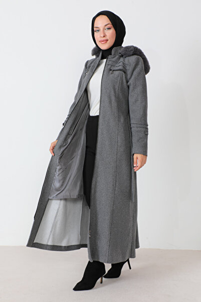 Tesettür Dünyası Kabát na zip po celé délce s ozdobnými kapsami TSD230810 šedý