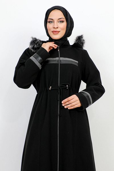 Tesettür Dünyası Leather Detailed Zippered Coat TSD231116 Black
