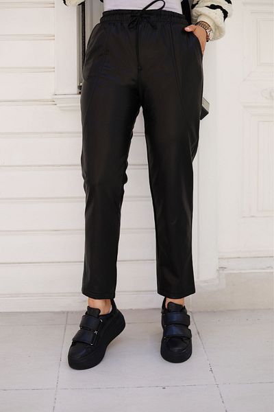 Tesettür Dünyası Black Leather Trousers - Side Stitching Detail, Tsd 240814