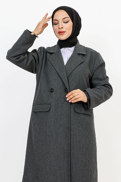Tesettür Dünyası Palton cu dublu nasturi cu buzunare pentru acoperire TSD231109 Antracit