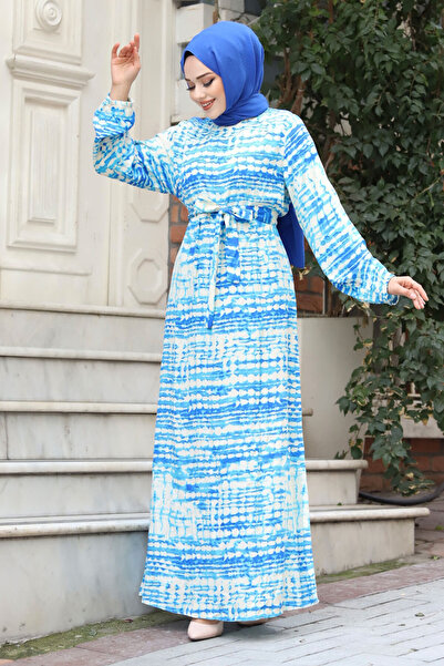 Tesettür Dünyası Μακρύ μονόχρωμο φόρεμα με μοτίβο ακουαρέλας με ζώνη μέσης από βισκόζη TSD240324