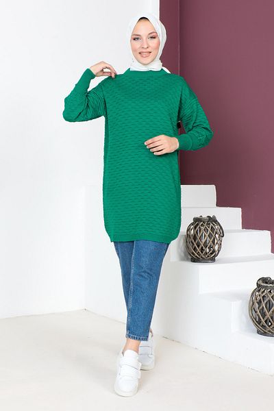Tesettür Dünyası Embossed Patterned Knitwear Tunic TSD230713 Green
