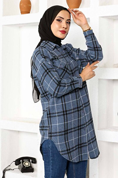 Tesettür Dünyası Modrá dřevorubecká košile - dvě kapsy, Tsd 221016