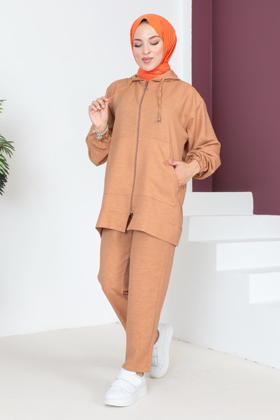 Tesettür Dünyası Dvojitý oblek s kapucí TSD230703 Tan