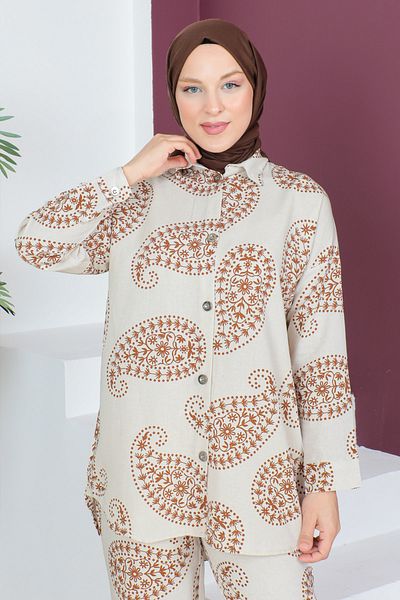 Tesettür Dünyası Patterned Double Suit TSD230535 Brown