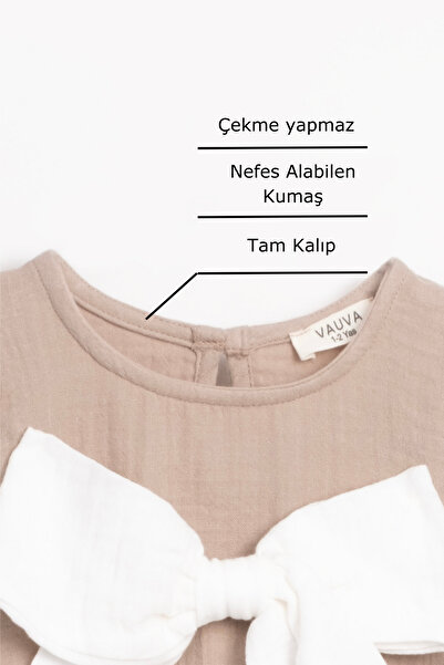Vauva Kız Çocuk Elbise Uzun Kollu Muslin Elbise Lastikli Fiyonklu Elbise