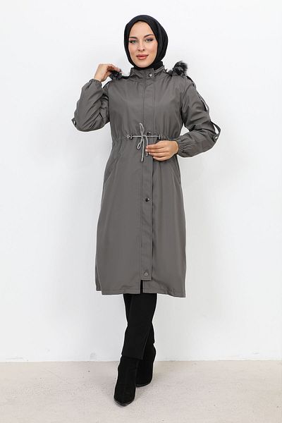 Tesettür Dünyası Căptușeală Plush Intermediar Bondit Coat Tsd231114 Gri