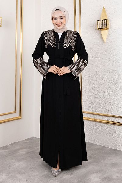 Tesettür Dünyası Abaya με μαύρο κέντημα και λεπτομέρεια από πέτρες - TSD 250110