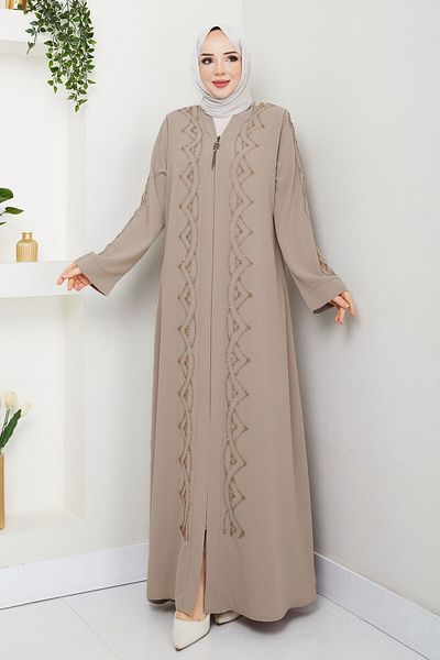 Tesettür Dünyası V Neck Abaya - Μπεζ (TSD250123)