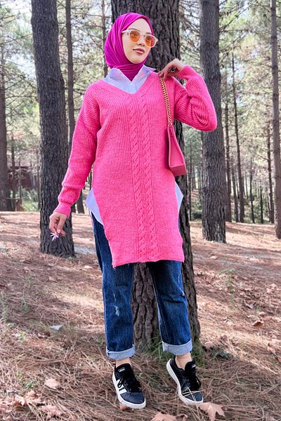 Tesettür Dünyası V-neck Knitwear Tunic Tsd220907 Fuchsia