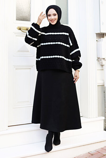 Tesettür Dünyası Black Knitwear Tunic - Houndstooth Patterned and StripedTSD240707