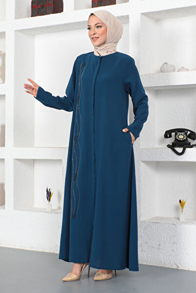 Tesettür Dünyası Hullámos elülső flitterrel hímzett Hidzsáb Ferace Tsd230423 szilva