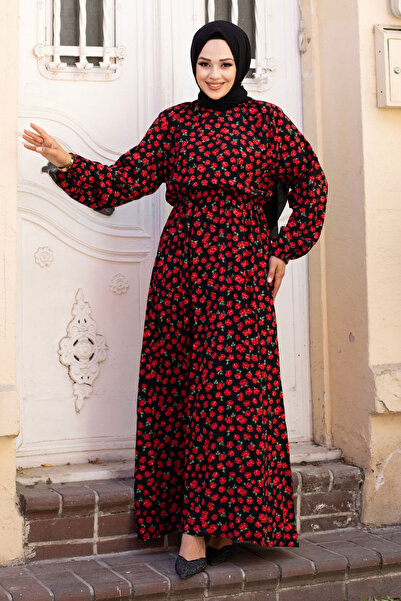 Tesettür Dünyası Elastic Waist Small Rose Patterned Viscose Long Hijab Dress Tsd240611 Red