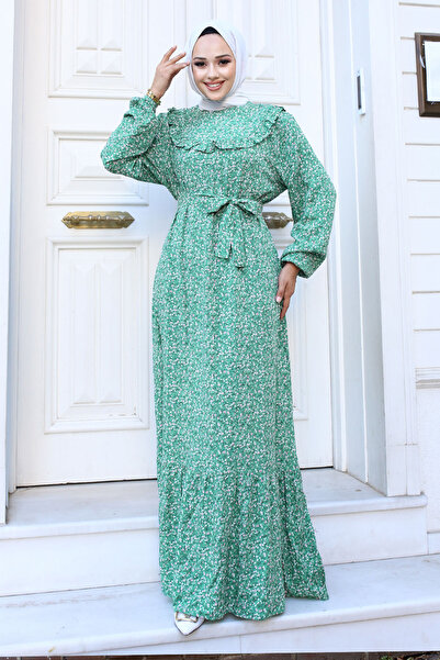 Tesettür Dünyası Φλοράλ μακρύ μαντίλι φόρεμα από βισκόζη με λεπτομέρεια βολάν στο μπροστινό μέρος TSD240614 Πράσινο μέντα