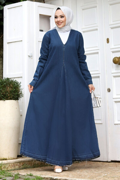 Tesettür Dünyası V Yaka Kot Uzun Tesettür Elbise TSD240233 Mavi
