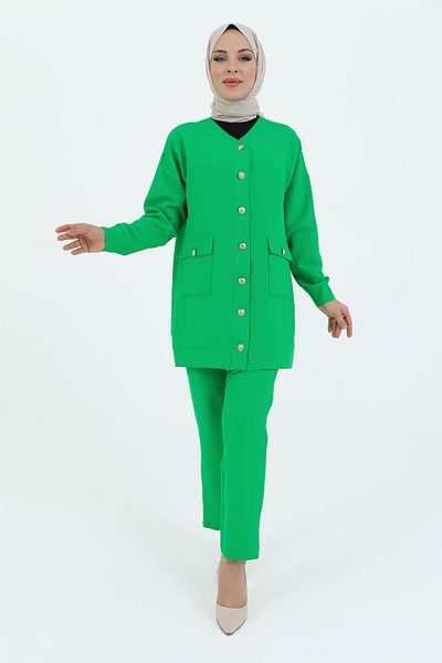 Tesettür Dünyası V-Neck Buttoned Double Suit with Pockets TSD231218 Green