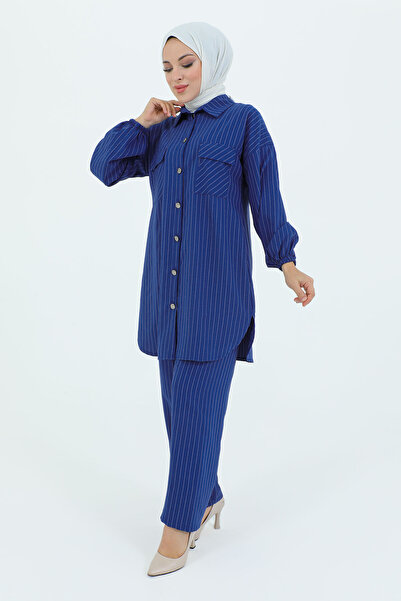 Tesettür Dünyası Drop Pocket Covered Buttoned Suit TSD231209 Saks Blue