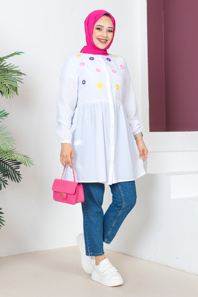 Tesettür Dünyası Φλοράλ Κεντημένο Τονίκ TSD230618 Λευκό