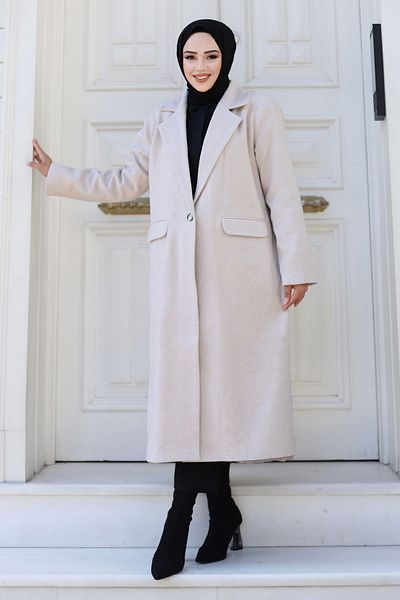 Tesettür Dünyası Beige Herringbone Patterned Coat - Tsd 240925
