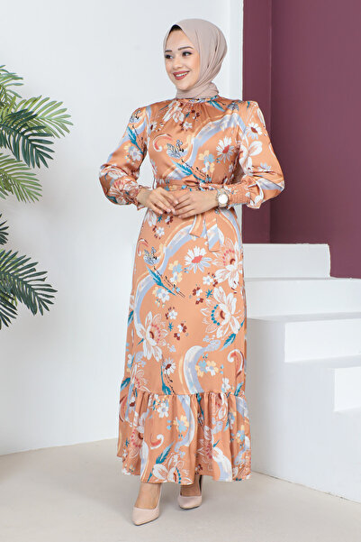Tesettür Dünyası Long Hijab Dress with Sleeve Tip Detail Tsd230605 Tan