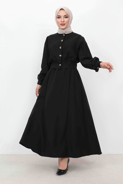 Tesettür Dünyası Buttoned Skirt Pocketed Double Suit TSD231113 Black