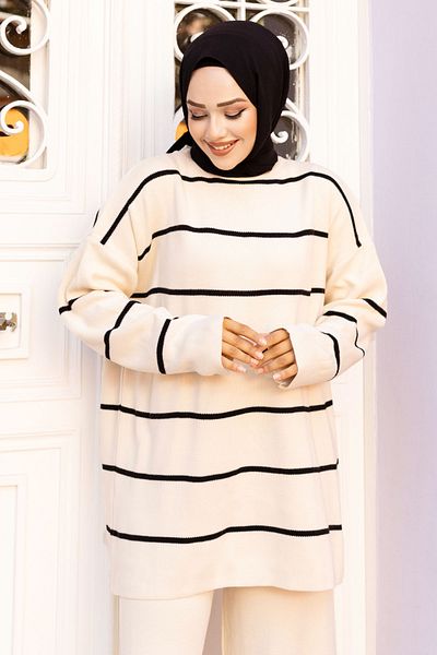 Tesettür Dünyası Stone Colored Striped Knitwear Set - Tsd 240721
