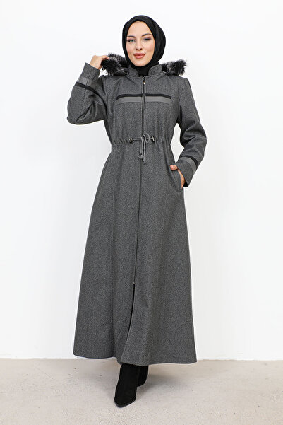Tesettür Dünyası Leather Detailed Full-Length Zipper Coat TSD231116 Smoked