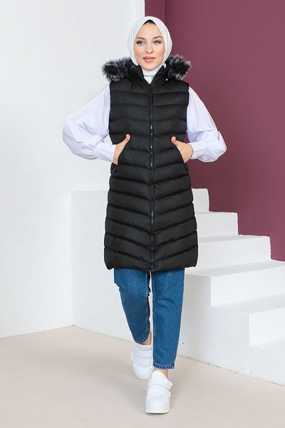 Tesettür Dünyası Hooded Inflatable Vest TSD230630 Black