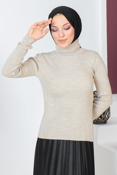 Tesettür Dünyası Turtleneck Knitwear Blouse TSD230723 Beige