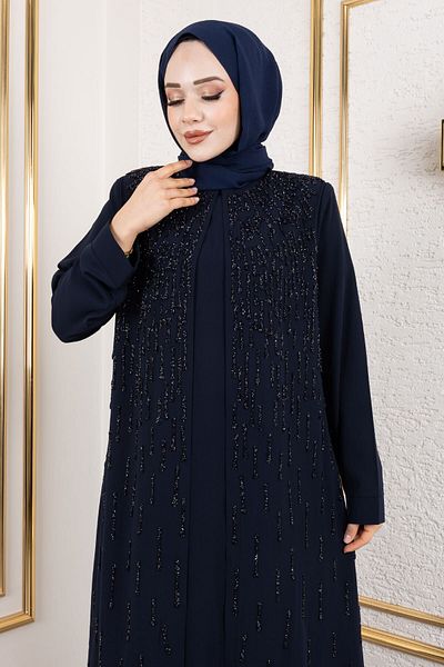 Tesettür Dünyası Μπλε Navy Stone Λεπτομερές Φόρεμα TSD250130