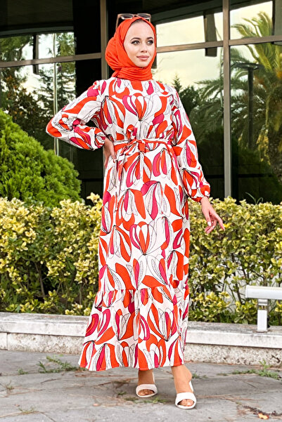 Tesettür Dünyası Long Hijab Dress with Flounce Pattern Tsd220850 Orange