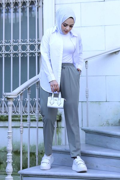 Tesettür Dünyası Pantaloni creion cu buzunare cu talie elastică TSD240104 Gri