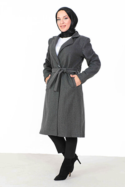 Tesettür Dünyası Double Breasted Collar Waist Belted Stash Coat TSD230806 Anthracite