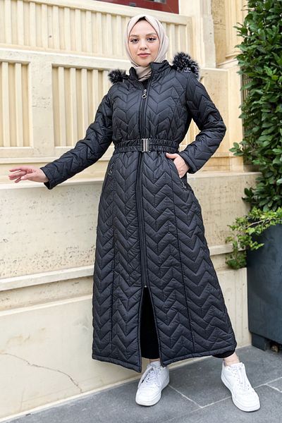 Tesettür Dünyası Quilted Coat with Rubber Belt Tsd220827 Black