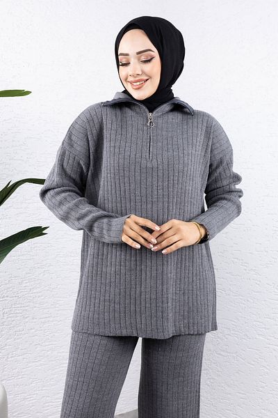 Tesettür Dünyası Anthracite Zippered Knitwear Set - Tsd 240950