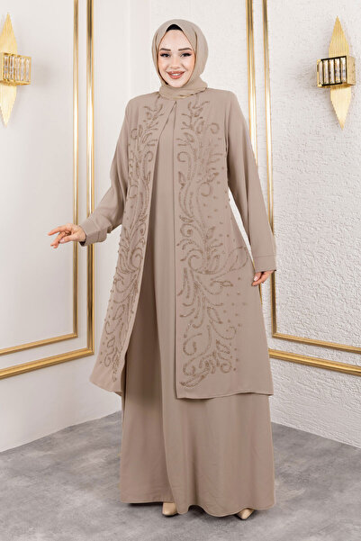 Tesettür Dünyası Ek Parçalı Bisiklet Yaka Uzun Tesettür Elbise TSD250125 Bej