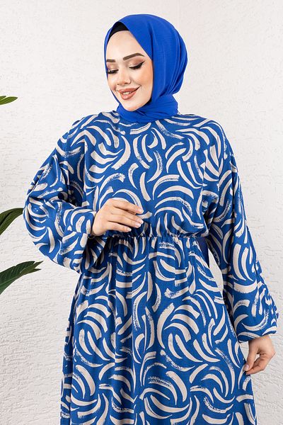 Tesettür Dünyası Φόρεμα Indigo Viscose - TSD με μοτίβο και ελαστική μέση 250102