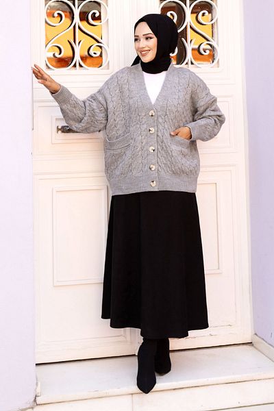 Tesettür Dünyası Gray Knitwear Cardigan - TSD with Buttons and Pockets 240716