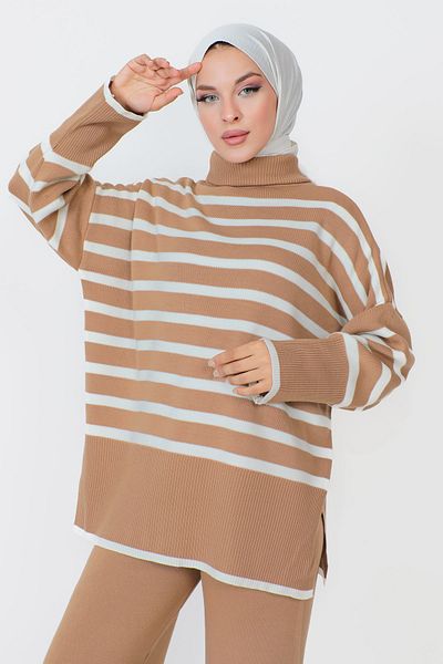 Tesettür Dünyası Turtleneck Striped Knitwear Suit TSD230906 Mink
