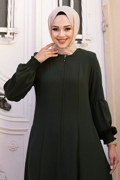 Tesettür Dünyası Χακί Hijab Ferace - Gipe Detailed, με φερμουάρ στον λαιμό TSD240603